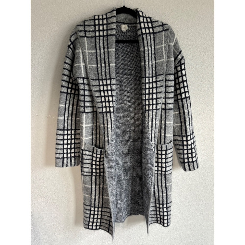 A New Day Cardigan XS/S Gray Plaid Longline Open Front Sweater